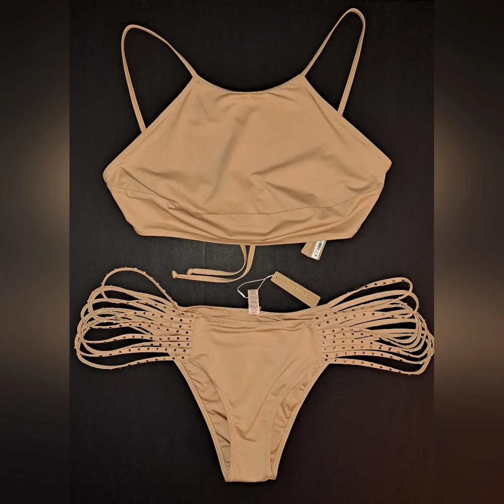 ⛱️NWT SKIMS 2 Piece High neck top Rhinestone Swim Strappy Bikini Nude OCHRE 4X